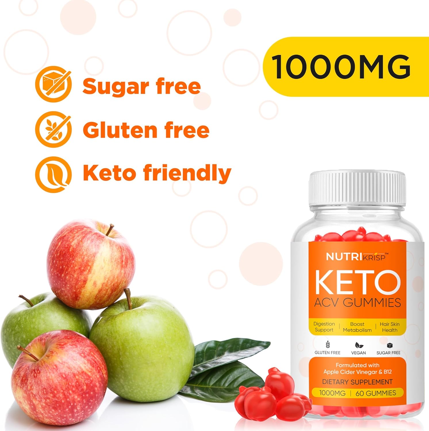 NutriKrisp Keto ACV Gummies - Sugar-Free Apple Cider Vinegar Supplement (1000MG) - Gluten-Free for Men and Women