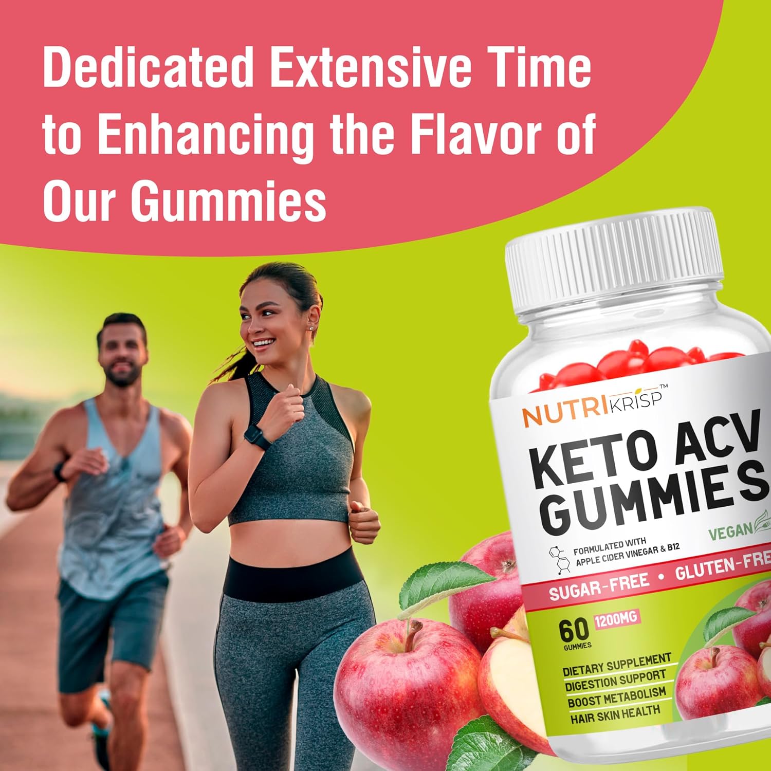 NutriKrisp Keto ACV Gummies - Sugar-Free Apple Cider Vinegar Supplement for Digestion, Hair, and Skin - Gluten-Free for Men and Women (1200MG)