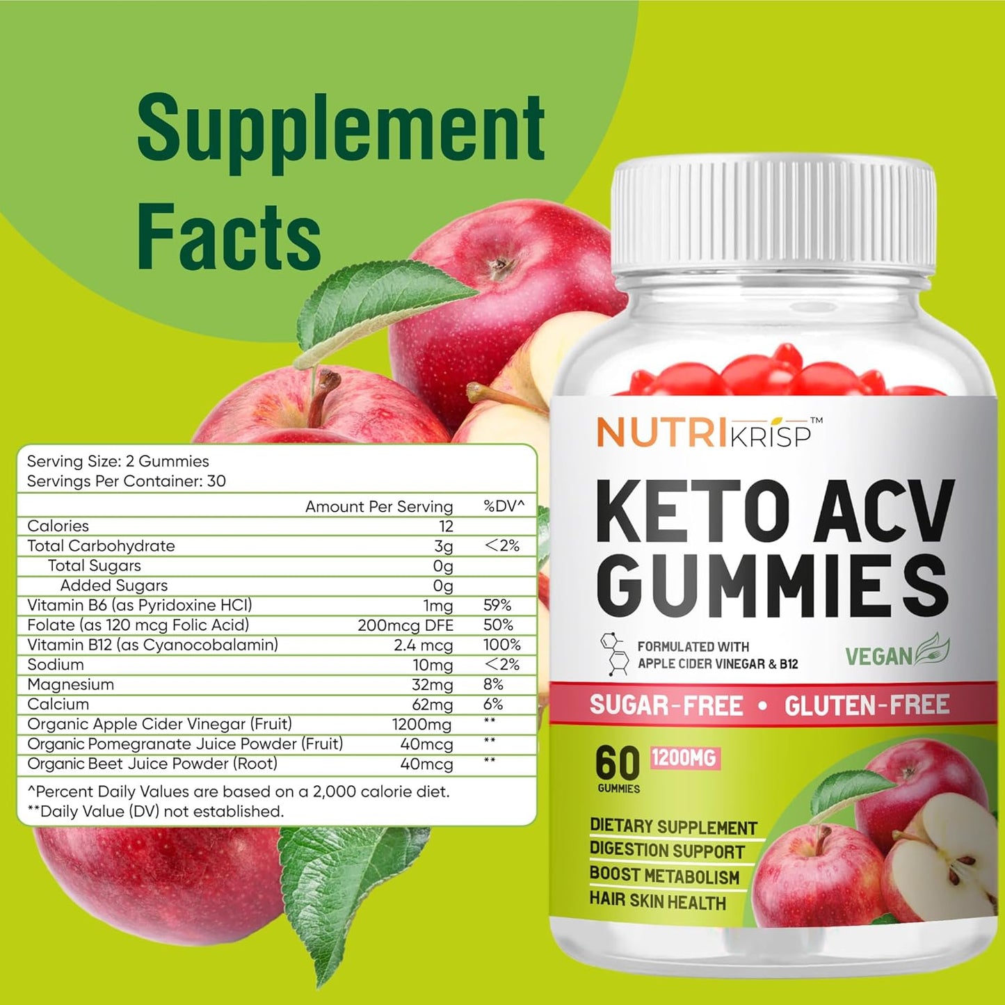 NutriKrisp Keto ACV Gummies - Sugar-Free Apple Cider Vinegar Supplement for Digestion, Hair, and Skin - Gluten-Free for Men and Women (1200MG)