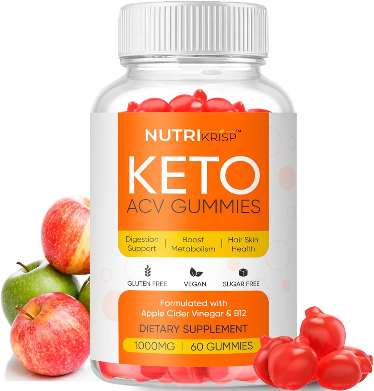 NutriKrisp Keto ACV Gummies: Sugar-Free Gluten-Free Apple Cider Vinegar Supplement (1000mg) for Men and Women
