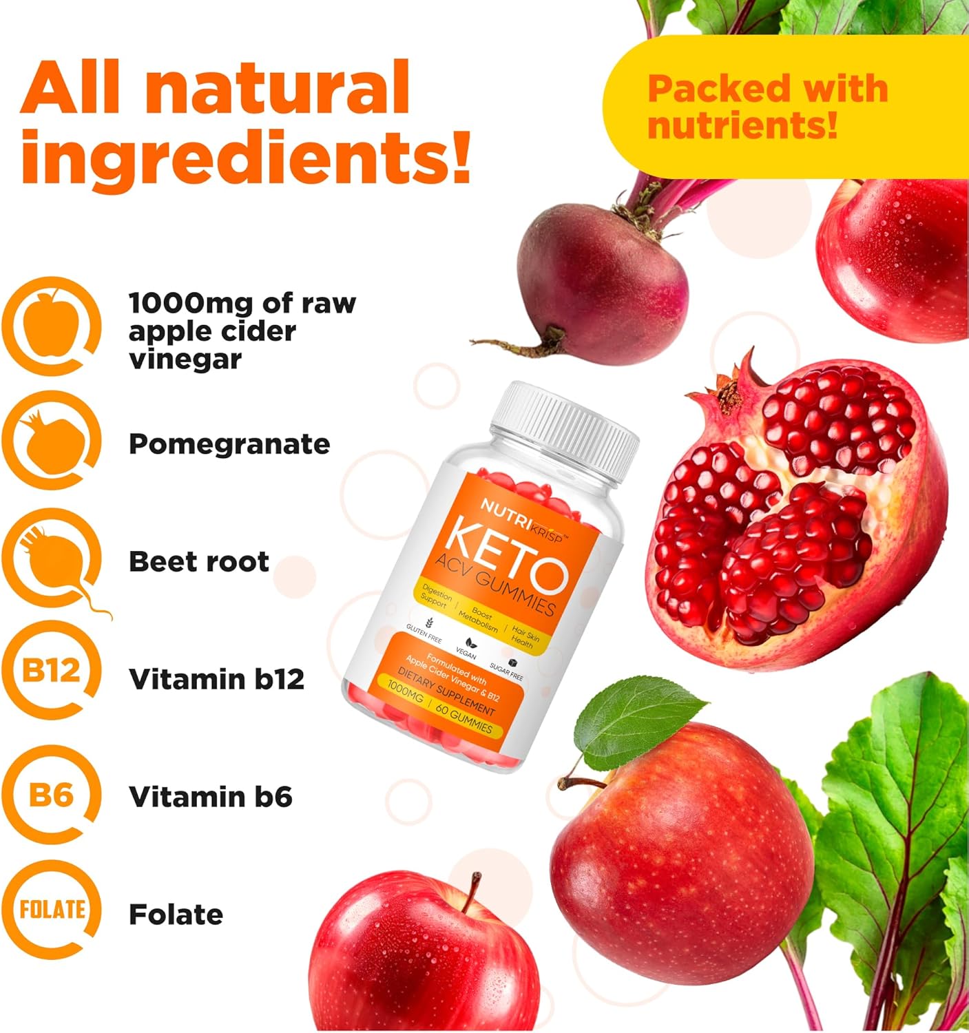 NutriKrisp Keto ACV Gummies: Sugar-Free Gluten-Free Apple Cider Vinegar Supplement (1000mg) for Men and Women