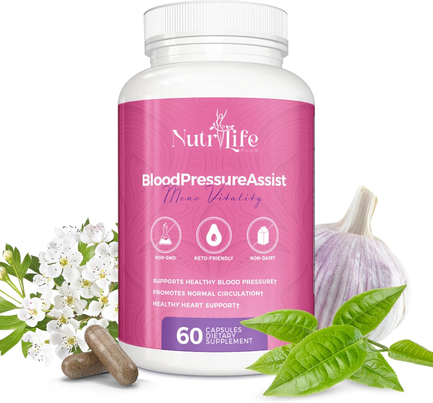Nutrilife Plus Blood Pressure Support Supplement with Hawthorne Extract, Vitamin C, Folate, and Garlic Powder - Promotes Heart Health and Circulation