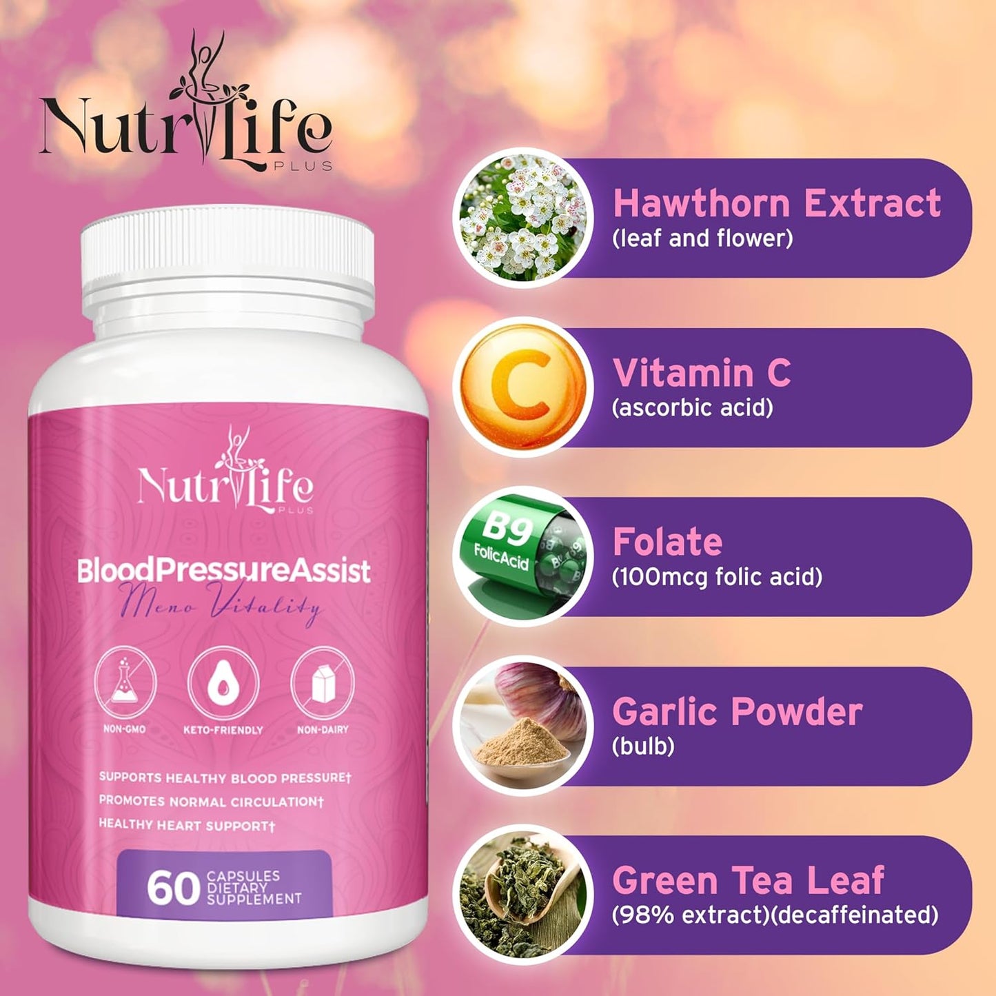 Nutrilife Plus Blood Pressure Support Supplement with Hawthorne Extract, Vitamin C, Folate, and Garlic Powder - Promotes Heart Health and Circulation