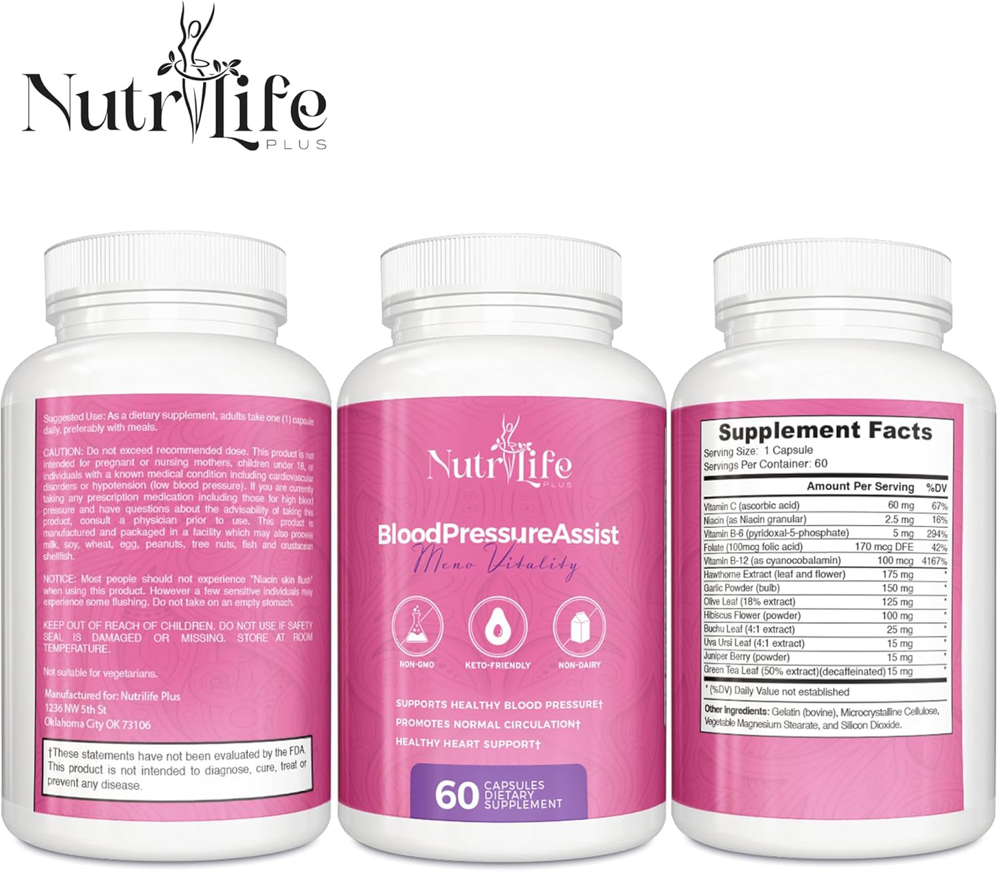 Nutrilife Plus Blood Pressure Support Supplement with Hawthorne Extract, Vitamin C, Folate, and Garlic Powder - Promotes Heart Health and Circulation