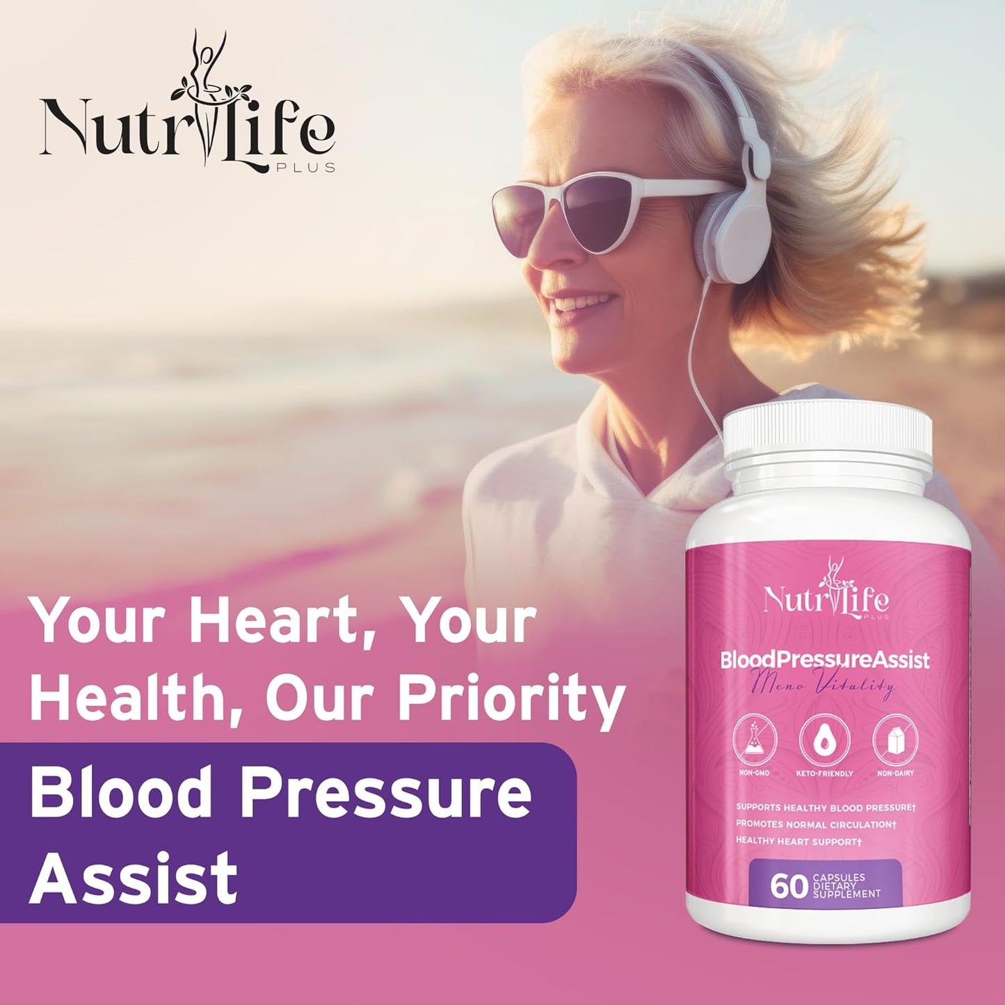 Nutrilife Plus Blood Pressure Support Supplement with Hawthorne Extract, Vitamin C, Folate, and Garlic Powder - Promotes Heart Health and Circulation