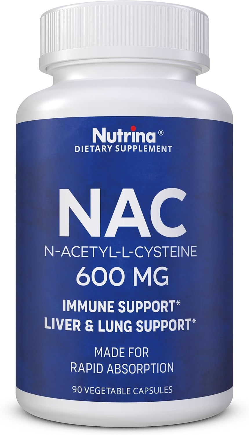 Nutrina NAC 600mg Capsules - Immune & Lung Health, Liver Support, Antioxidant - Freeform N-Acetyl-L-Cysteine - 90 Count