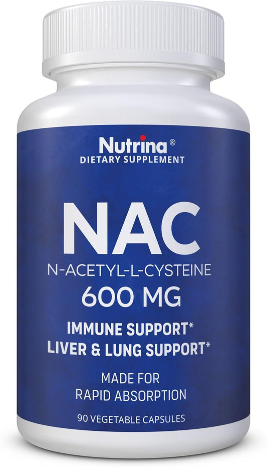 Nutrina NAC 600mg Capsules - Immune & Lung Health, Liver Support, Antioxidant - Freeform N-Acetyl-L-Cysteine - 90 Count