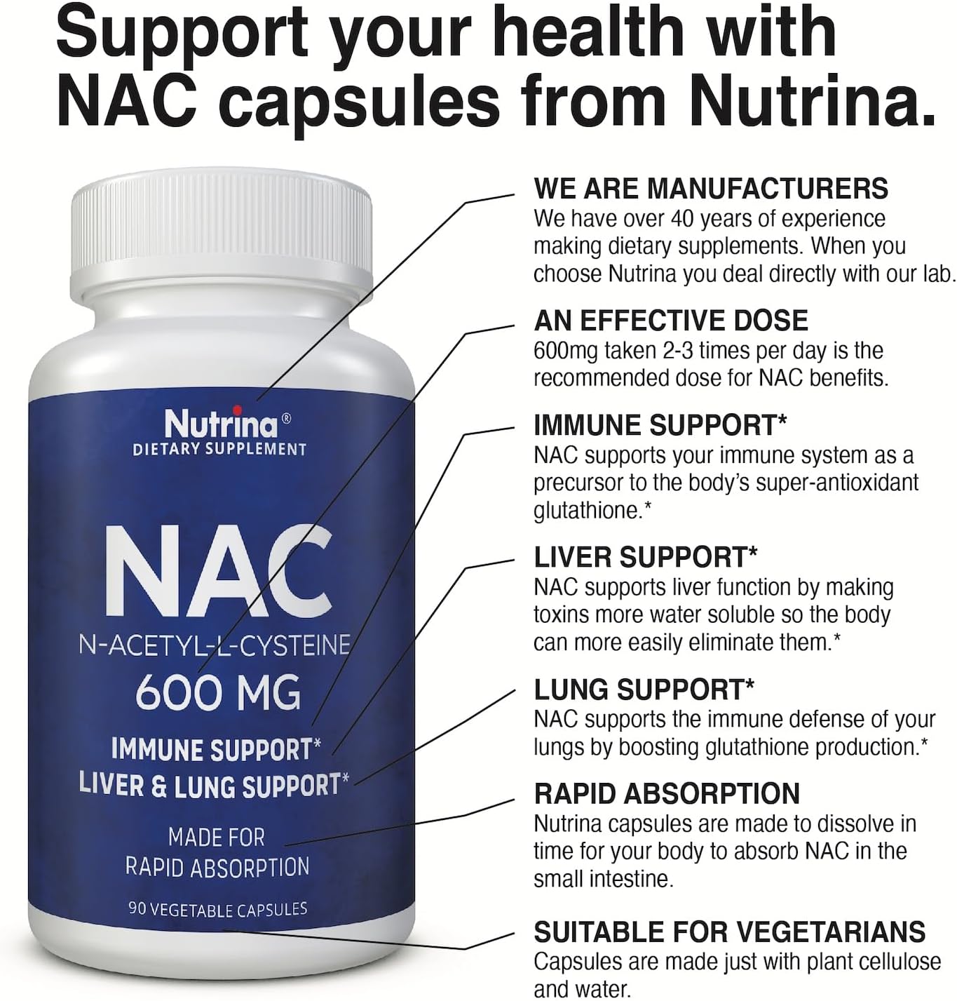 Nutrina NAC 600mg Capsules - Immune & Lung Health, Liver Support, Antioxidant - Freeform N-Acetyl-L-Cysteine - 90 Count