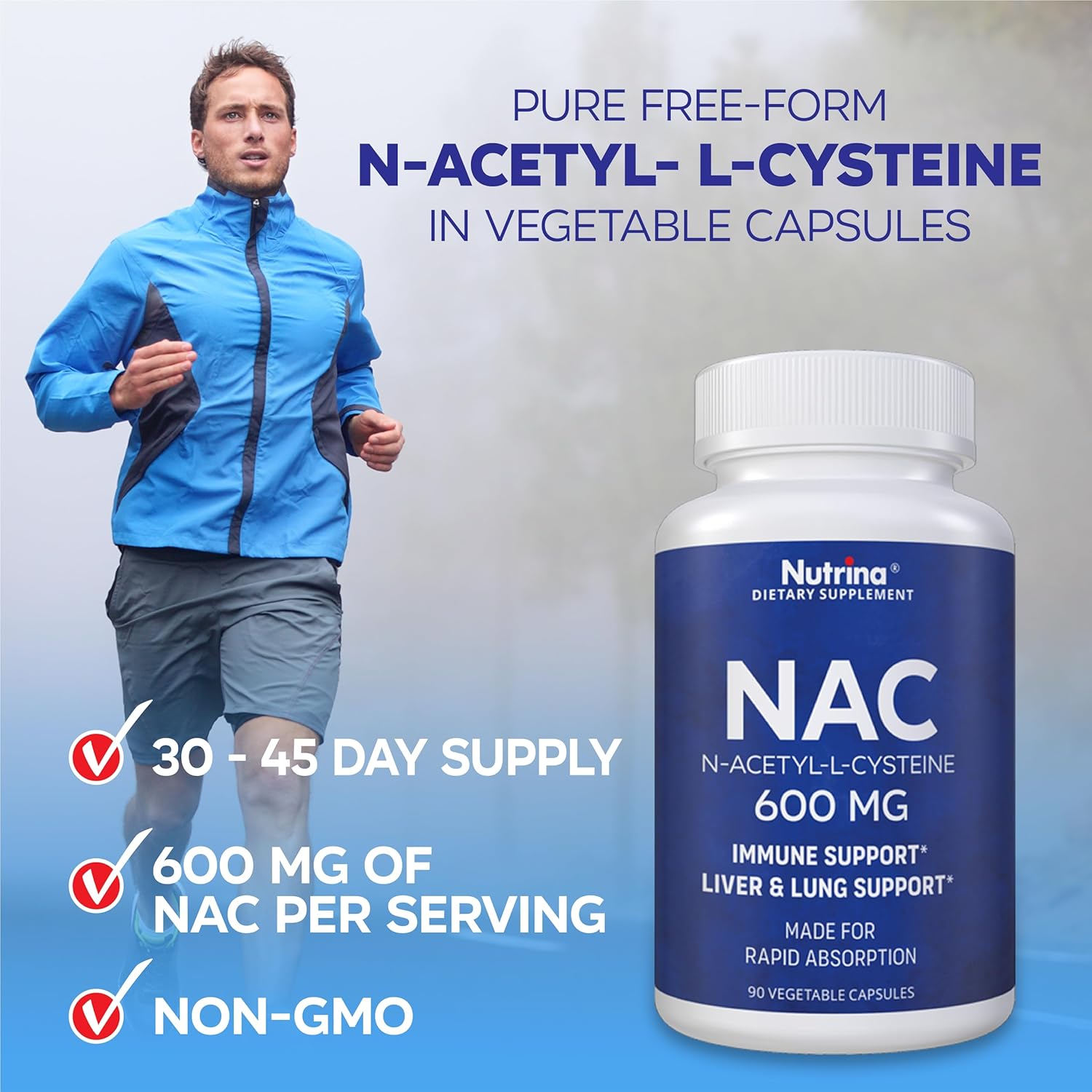 Nutrina NAC 600mg Capsules - Immune & Lung Health, Liver Support, Antioxidant - Freeform N-Acetyl-L-Cysteine - 90 Count