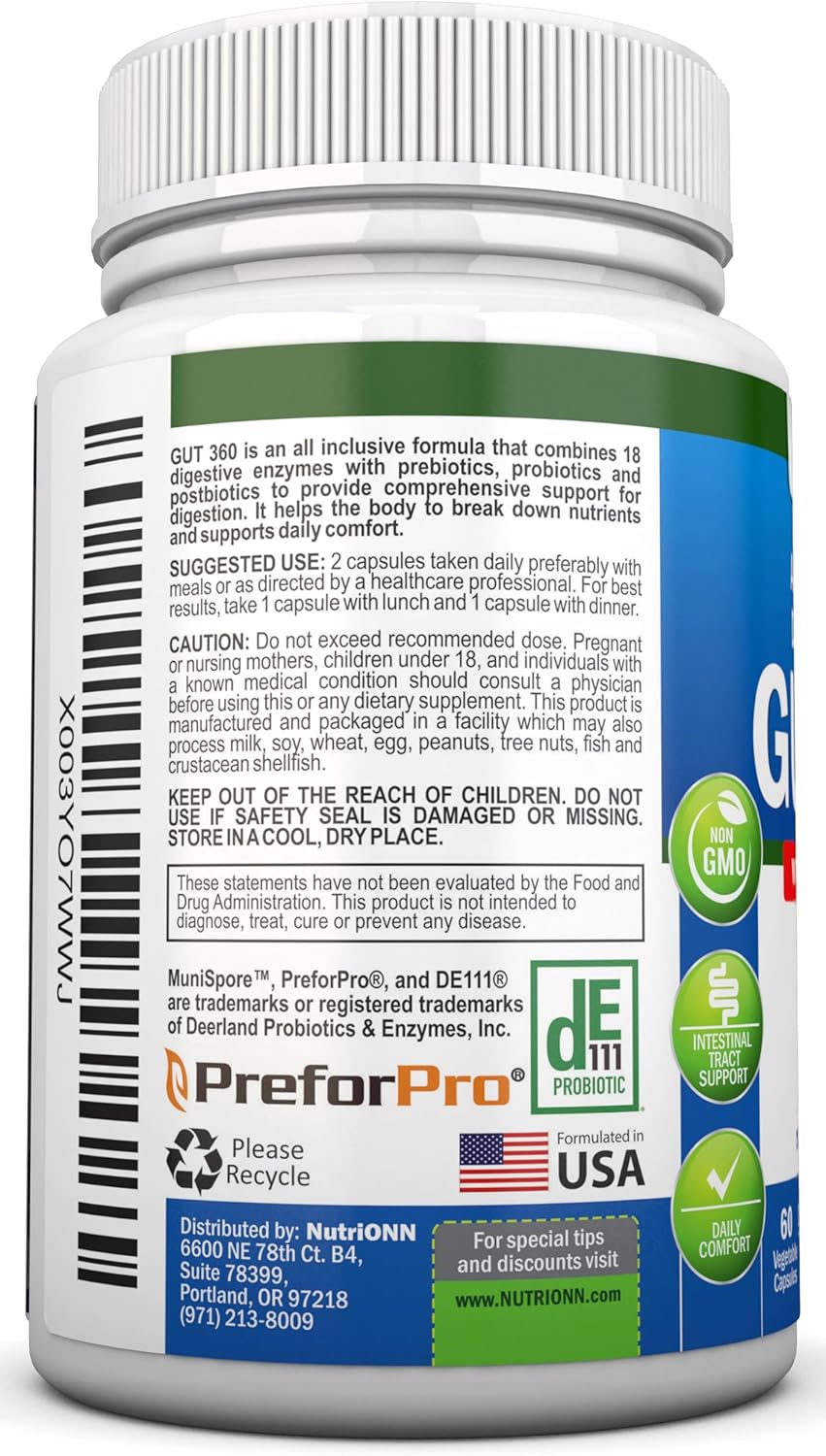 NutriONN 4-in-1 Digestive Enzymes with Probiotics, Prebiotics, and Postbiotics - Gut Health Support for Men and Women - Bloating Relief and Digestion - Non GMO, Vegan - 18 Enzymes