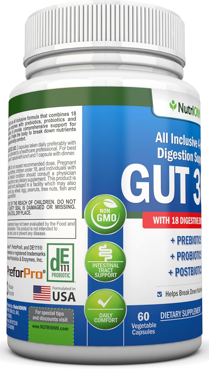 NutriONN 4-in-1 Digestive Enzymes with Probiotics, Prebiotics, and Postbiotics - Gut Health Support for Men and Women - Bloating Relief and Digestion - Non GMO, Vegan - 18 Enzymes