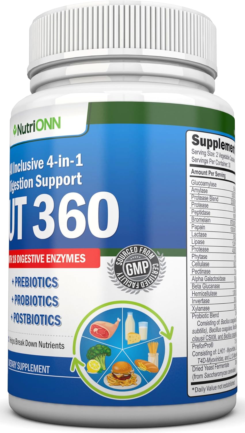 NutriONN 4-in-1 Digestive Enzymes with Probiotics, Prebiotics, and Postbiotics - Gut Health Support for Men and Women - Bloating Relief and Digestion - Non GMO, Vegan - 18 Enzymes