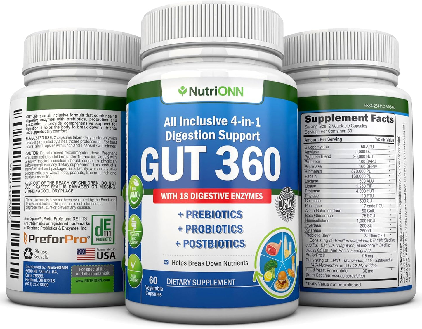 NutriONN 4-in-1 Digestive Enzymes with Probiotics, Prebiotics, and Postbiotics - Gut Health Support for Men and Women - Bloating Relief and Digestion - Non GMO, Vegan - 18 Enzymes