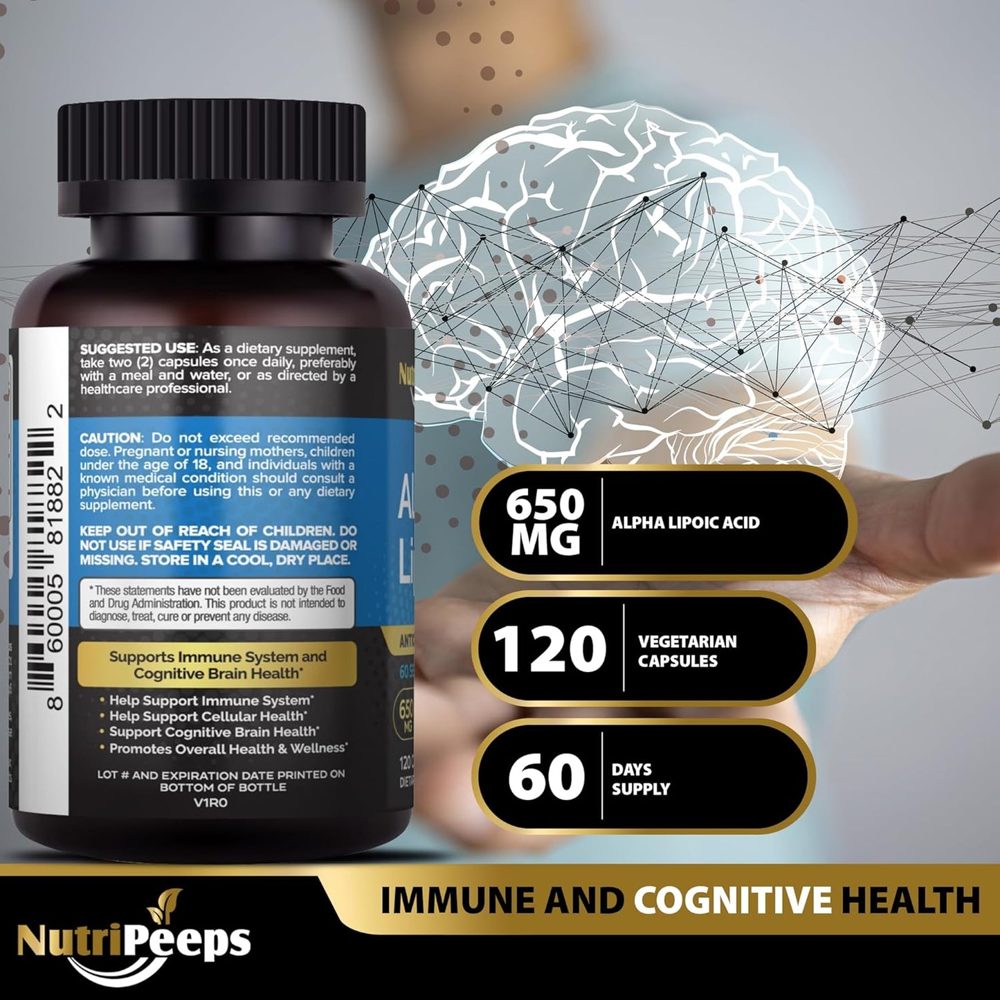 NutriPeeps Alpha Lipoic Acid Supplement - 650mg, 120 Capsules - Non-GMO Antioxidant for Immune & Cognitive Health
