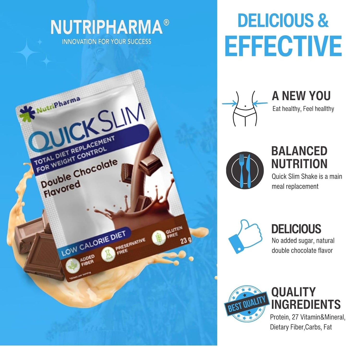 NUTRIPHARMA Quick Slim Meal Replacement Shake - Double Chocolate Flavor, 30 Servings, 20g Protein, 27 Vitamins & Minerals, High Fiber, Low Carb, Gluten-Free