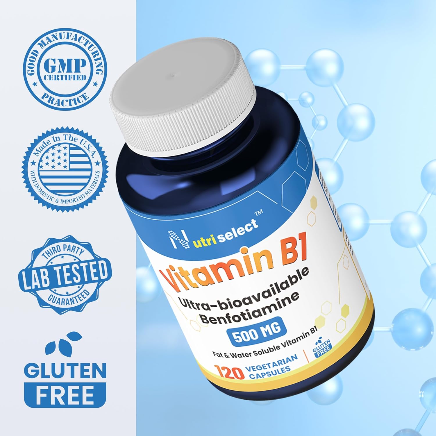 Nutriselect Vitamin B1 500MG Capsules - Non-GMO, Vegan, Gluten Free, Benfotiamine - 120 Count