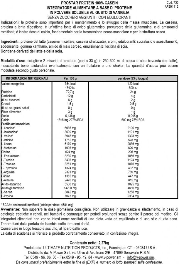 Nutrition Prostar Micellar Casein Protein Powder - Vanilla, 24g Protein, 9.9g EAAs, 4.6g BCAAs - 69 Servings - 5lbs