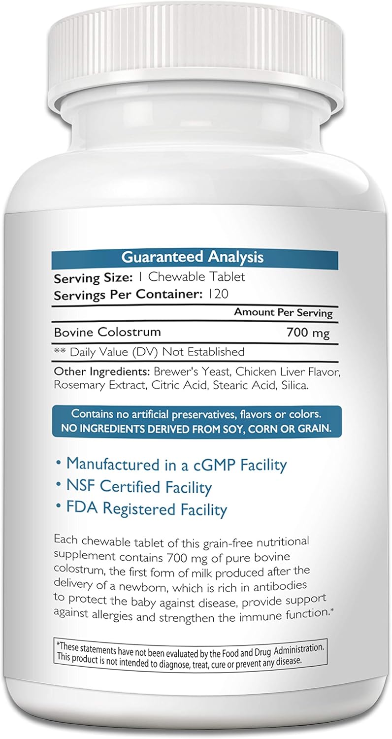 Nutrition Strength Bovine Colostrum Supplement for Dogs, Boosts Immune Function and Digestive Health, 120 Chewable Tablets