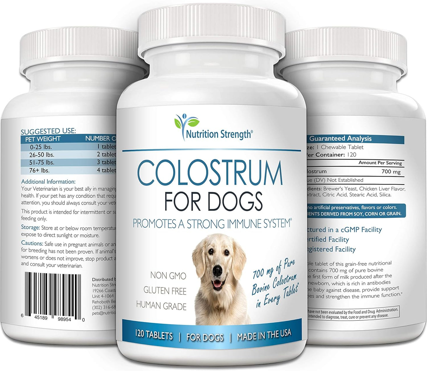 Nutrition Strength Bovine Colostrum Supplement for Dogs, Boosts Immune Function and Digestive Health, 120 Chewable Tablets