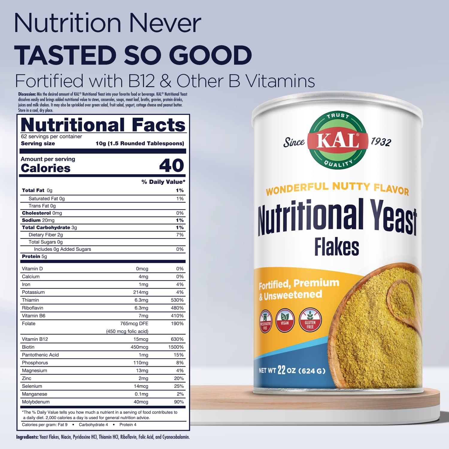 Nutritional Yeast Flakes with B12 & B Vitamins, Unsweetened, Vegan & Gluten Free, 22oz - Made in USA, 62 Servings