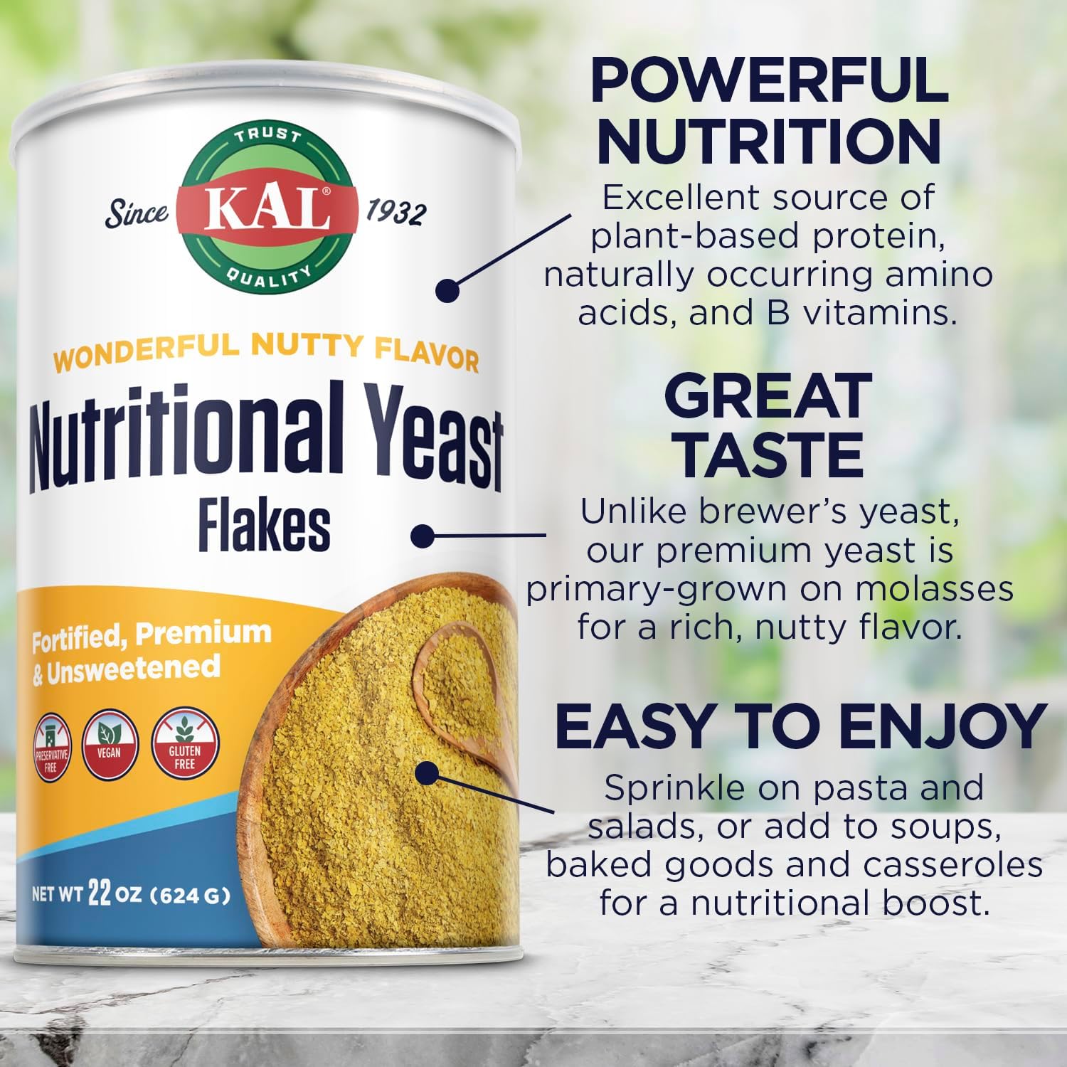 Nutritional Yeast Flakes with B12 & B Vitamins, Unsweetened, Vegan & Gluten Free, 22oz - Made in USA, 62 Servings