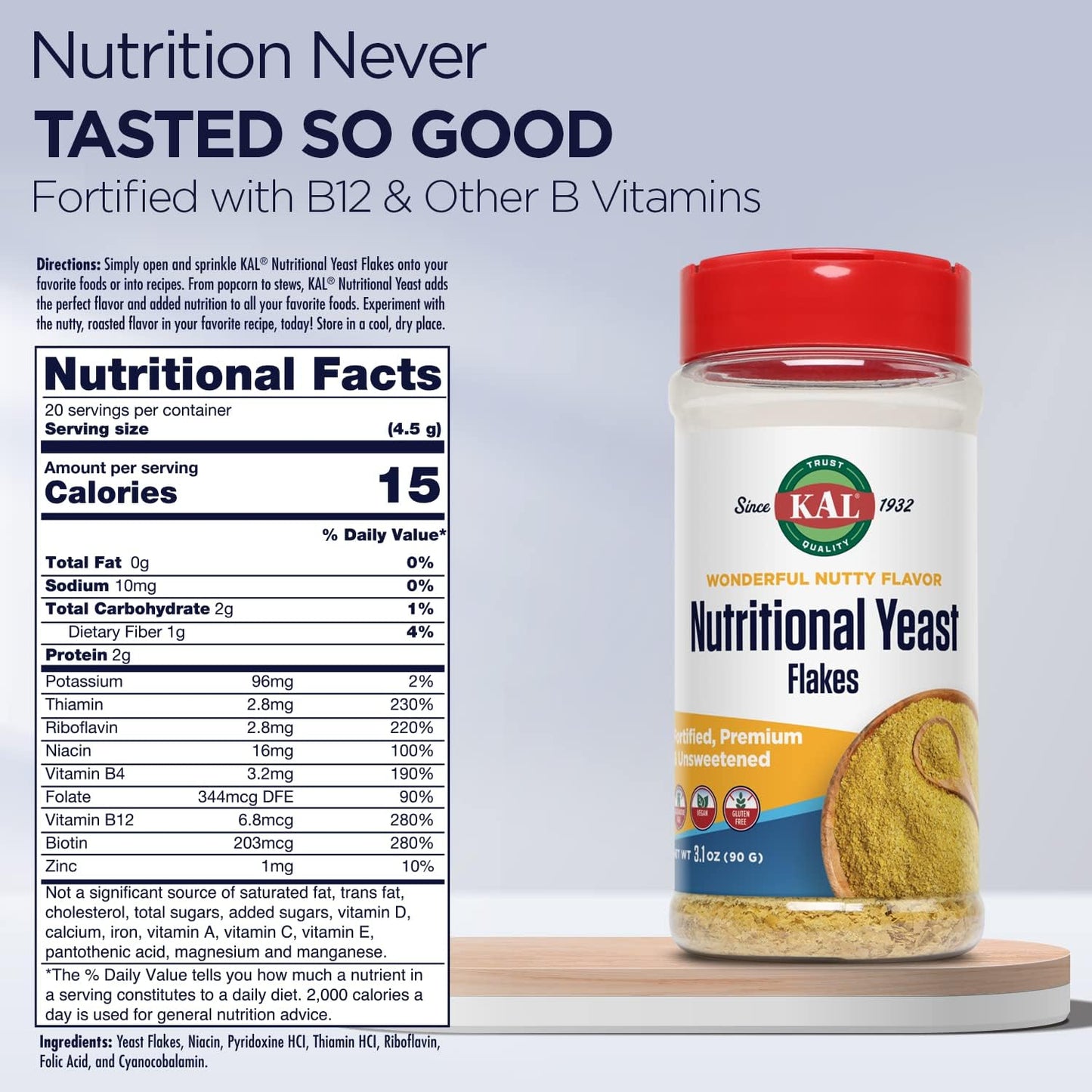 Nutritional Yeast Flakes with B12, Folic Acid & B Vitamins, Unsweetened, Vegan & Gluten Free, 3.1oz - Made in USA, 20 Servings