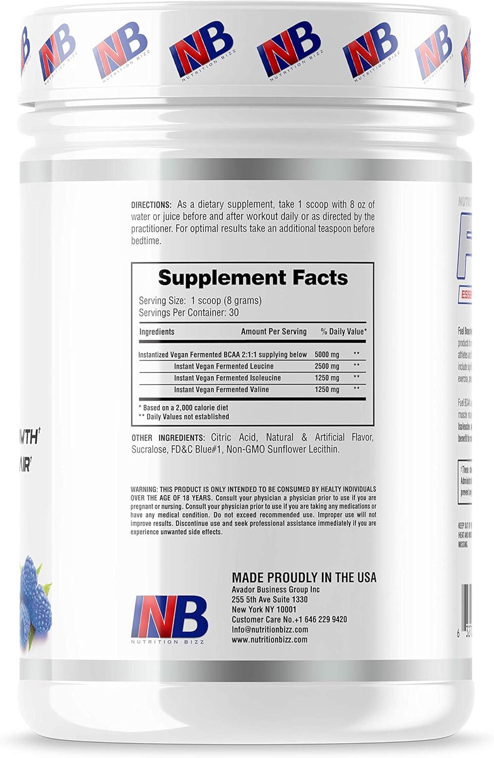 NutritionBizz BCAA Powder - Blue Raspberry Flavor, 5g BCAAs for Muscle Recovery and Endurance, 30 Servings - BoostGo Australia