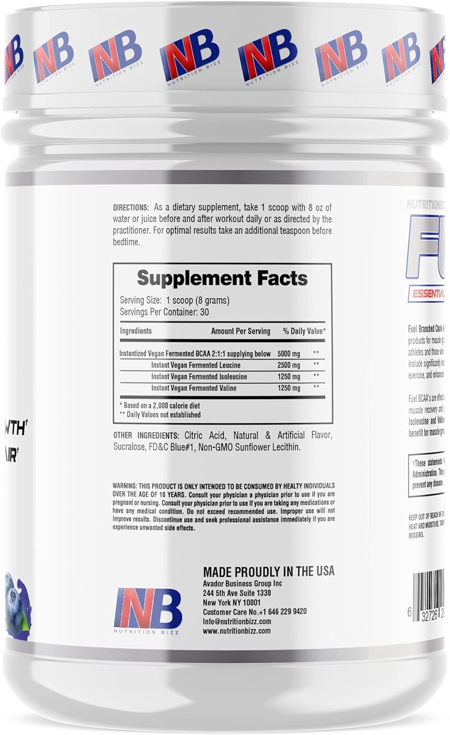 NutritionBizz BCAA Powder: Blueberry Lemonade Flavor, 30 Servings, 5g BCAAs for Muscle Recovery & Endurance - BoostGo Australia