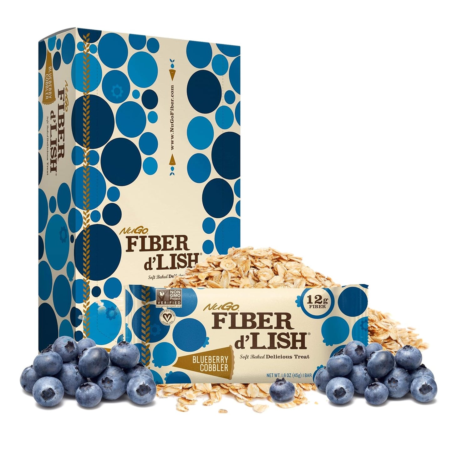 Nutritious NuGo Fiber d'Lish Blueberry Cobbler Bars - 12g Fiber, Vegan, Low Calorie Snack - Pack of 16, 1.6 oz Bars