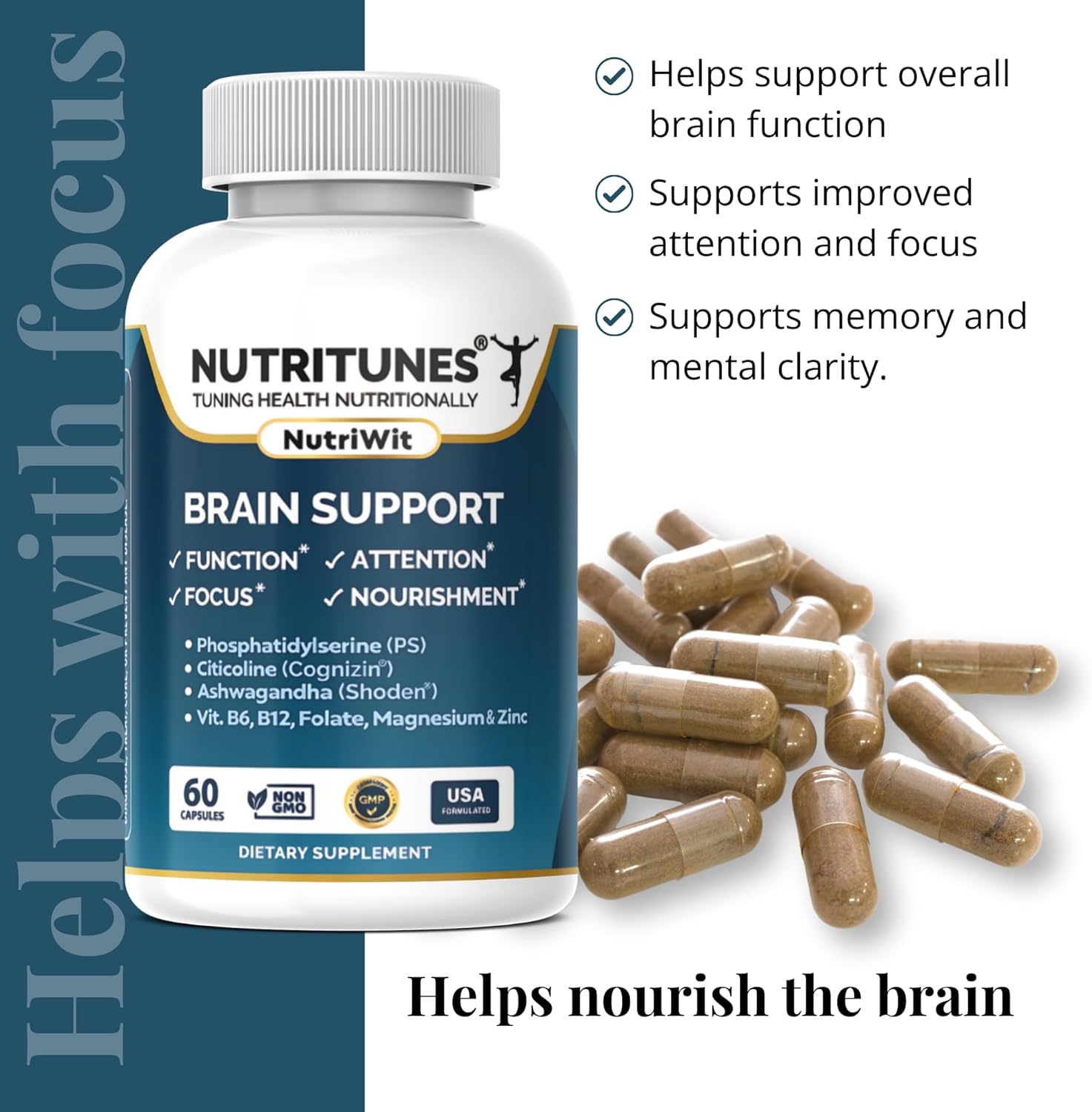Nutritunes NutriWit: Brain Health Supplement for Cognitive Function, Focus, and Neuron Support - Non-GMO, Gluten-Free - 60 Capsules