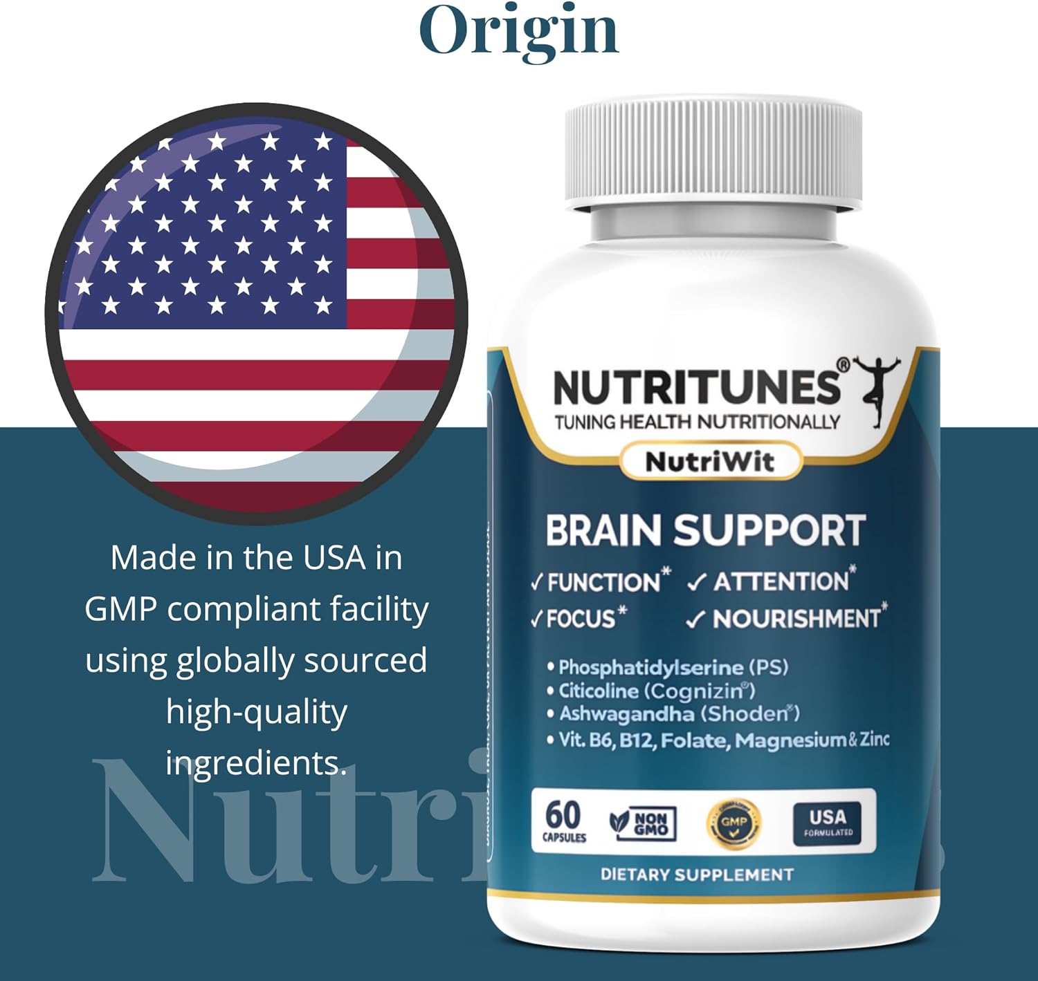 Nutritunes NutriWit: Brain Health Supplement for Cognitive Function, Focus, and Neuron Support - Non-GMO, Gluten-Free - 60 Capsules