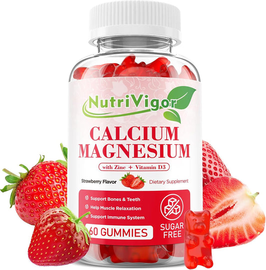 NutriVigor Calcium Magnesium Zinc Gummies with High Absorption Magnesium - 300mg, Bone & Muscle Support, 60 Strawberry Flavored Gummies for Kids & Adults