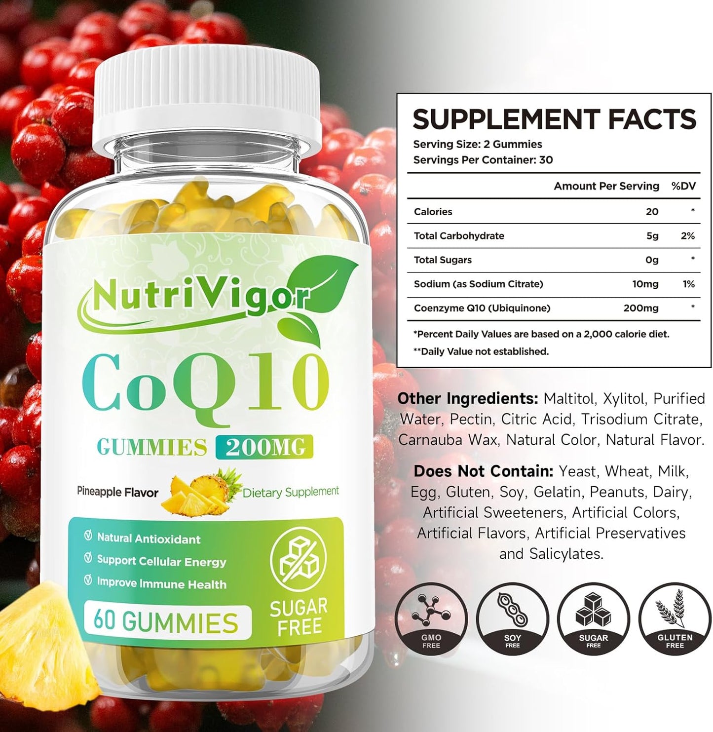 NutriVigor CoQ10 Gummies - 200mg High Absorption Supplement for Energy & Immune Health - Vegan, Gluten Free, Pineapple Flavor - 60 Count