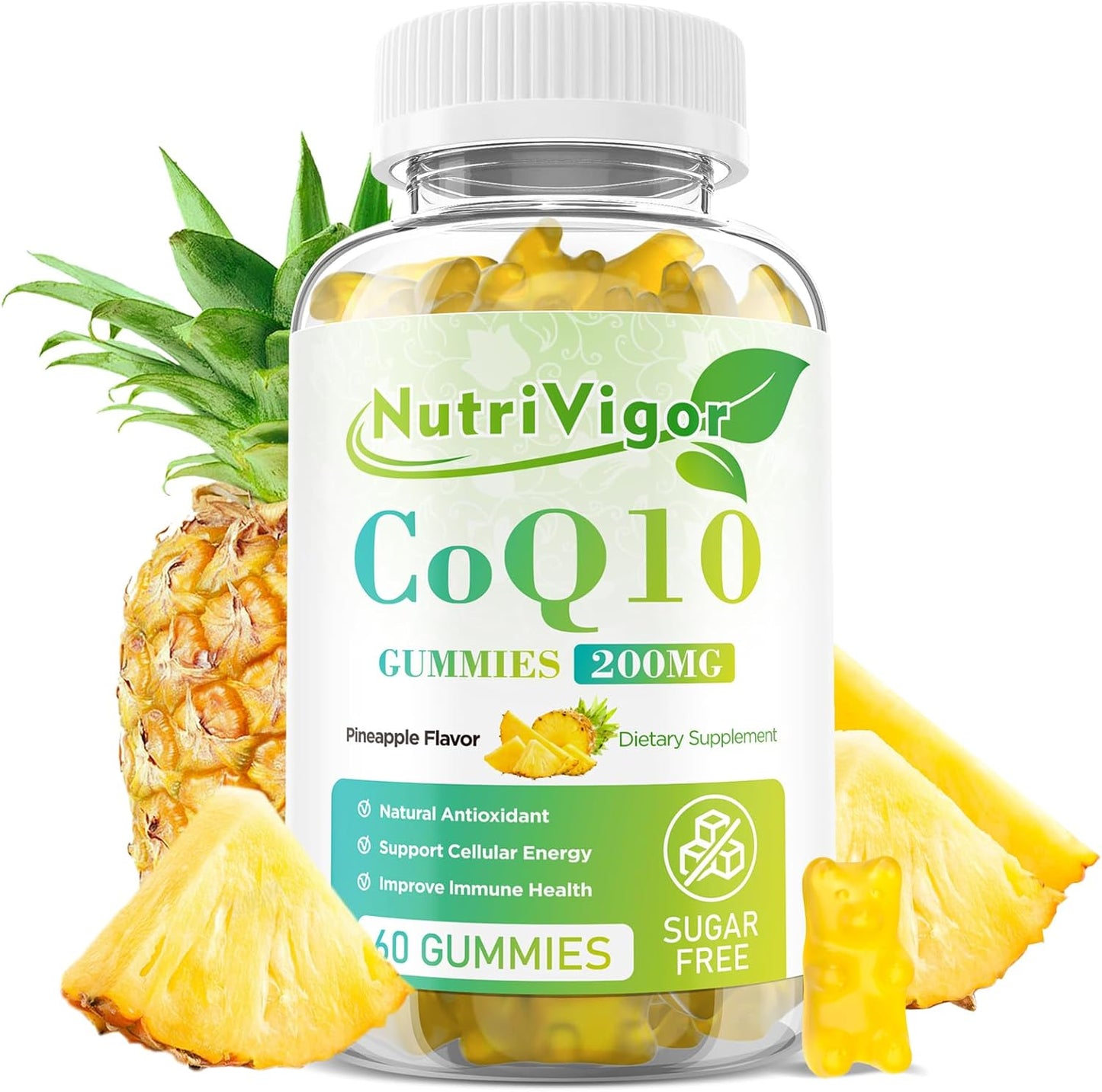 NutriVigor CoQ10 Gummies - 200mg High Absorption Supplement for Energy & Immune Health - Vegan, Gluten Free, Pineapple Flavor - 60 Count