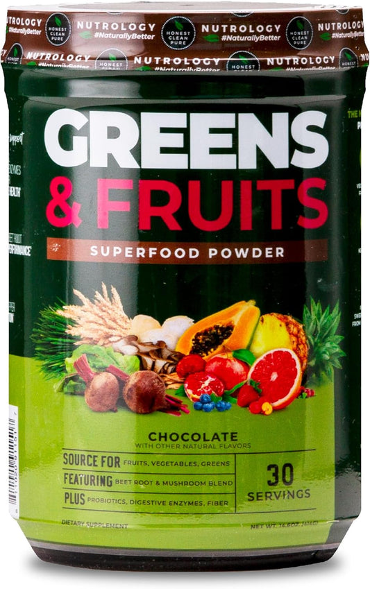 Nutrology Chocolate Greens & Fruits Powder with Probiotics, Digestive Enzymes, and Antioxidants - Gluten Free Formula - BoostGo Australia