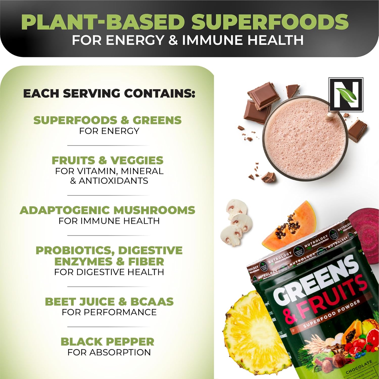 Nutrology Chocolate Greens & Fruits Powder with Probiotics, Digestive Enzymes, and Antioxidants - Gluten Free Formula - BoostGo Australia