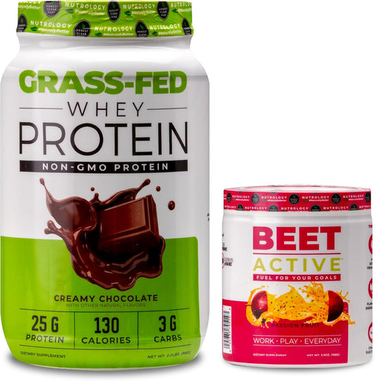 Nutrology Grass Fed Whey Protein Powder - Creamy Chocolate Flavor - Supports Lean Muscle Recovery & Performance - 28 Servings - Beet Active Natural Pre-Workout Powder - Passion Fruit Flavor