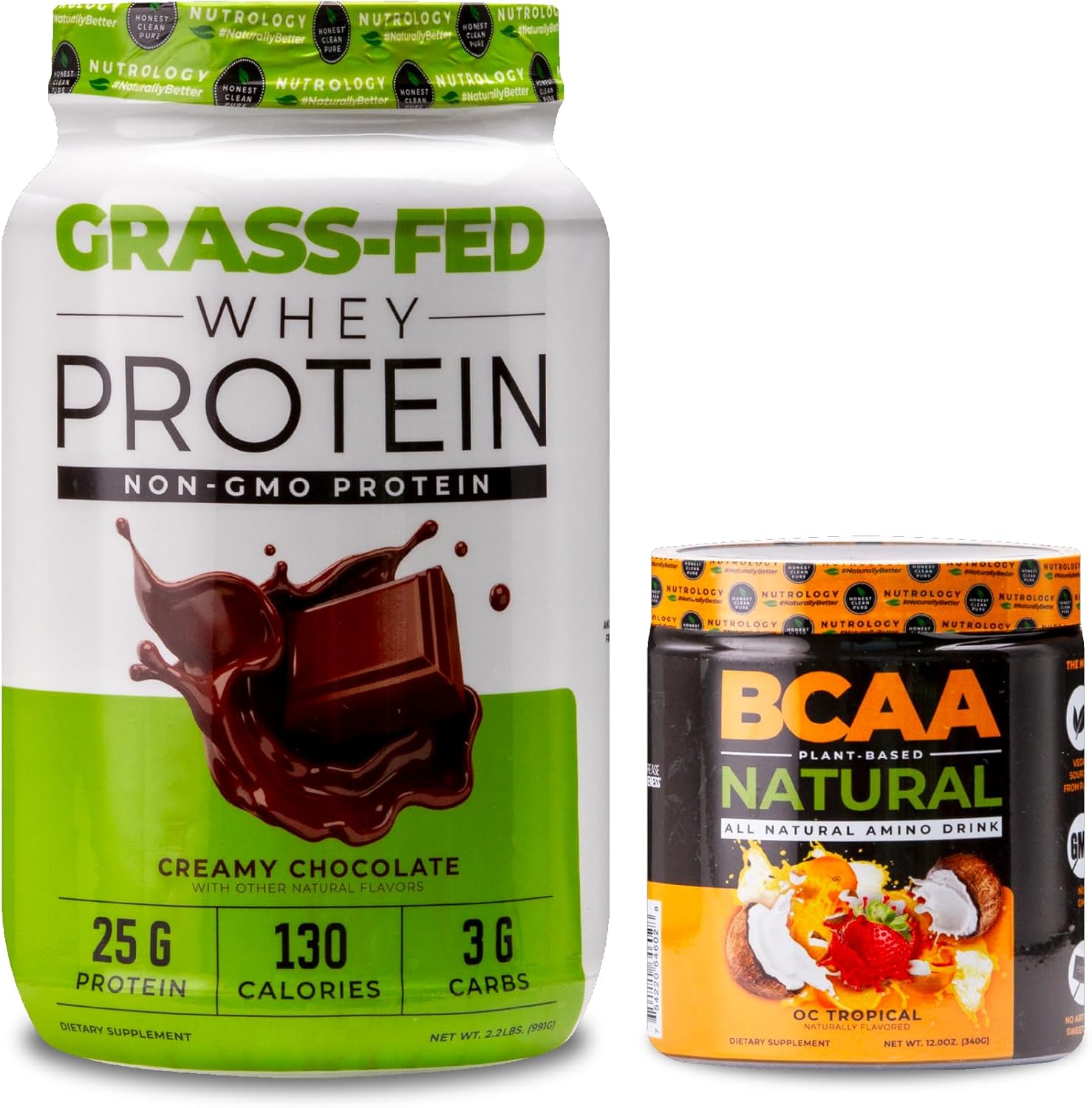 Nutrology Grass Fed Whey Protein Powder, Creamy Chocolate Flavor & Plant Based BCAA Powder, Orange Coconut Flavor - Bundle Deal