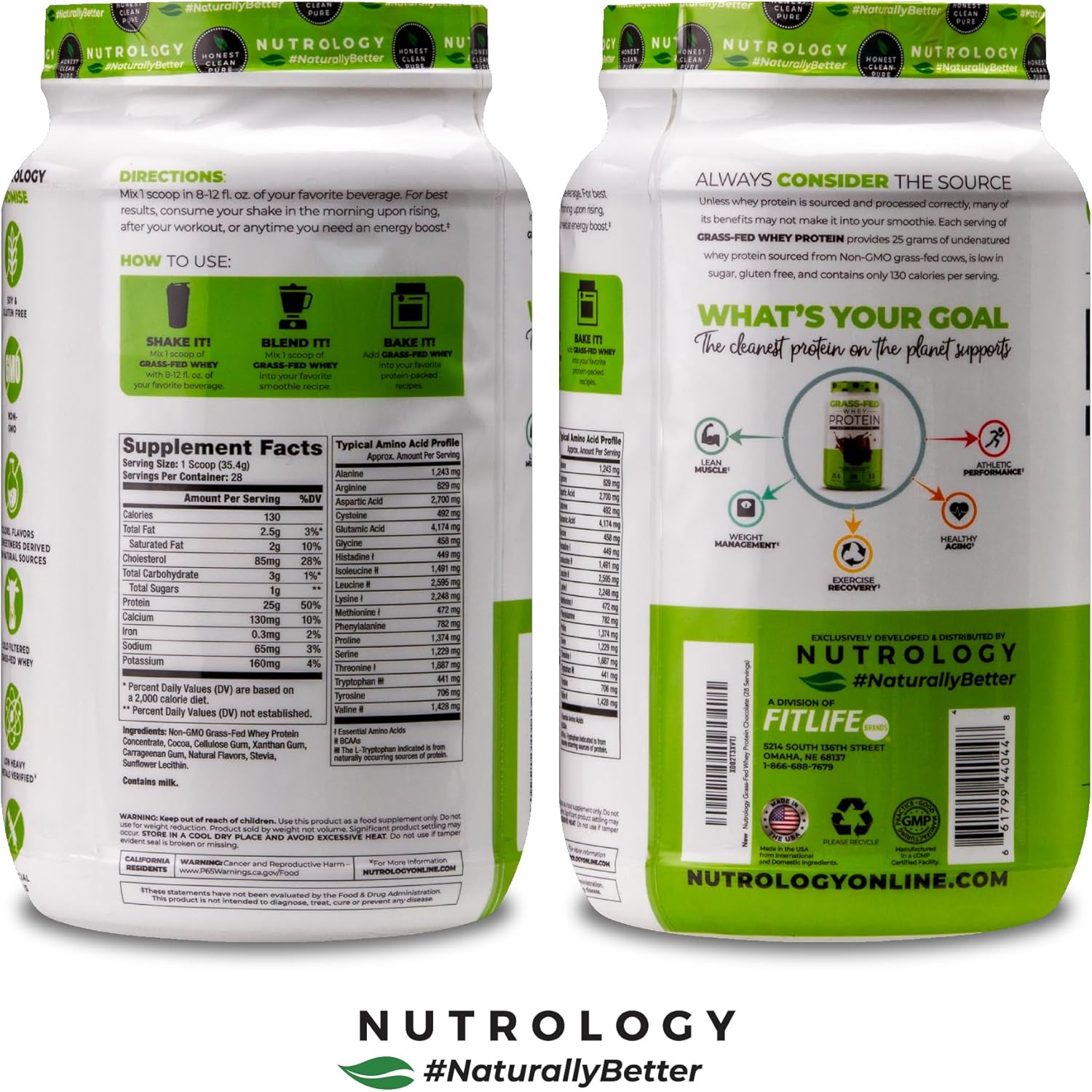 Nutrology Grass Fed Whey Protein Powder in Creamy Chocolate Flavor for Lean Muscle Recovery & Performance - Cold Processed with Amino Acids, 28 Servings