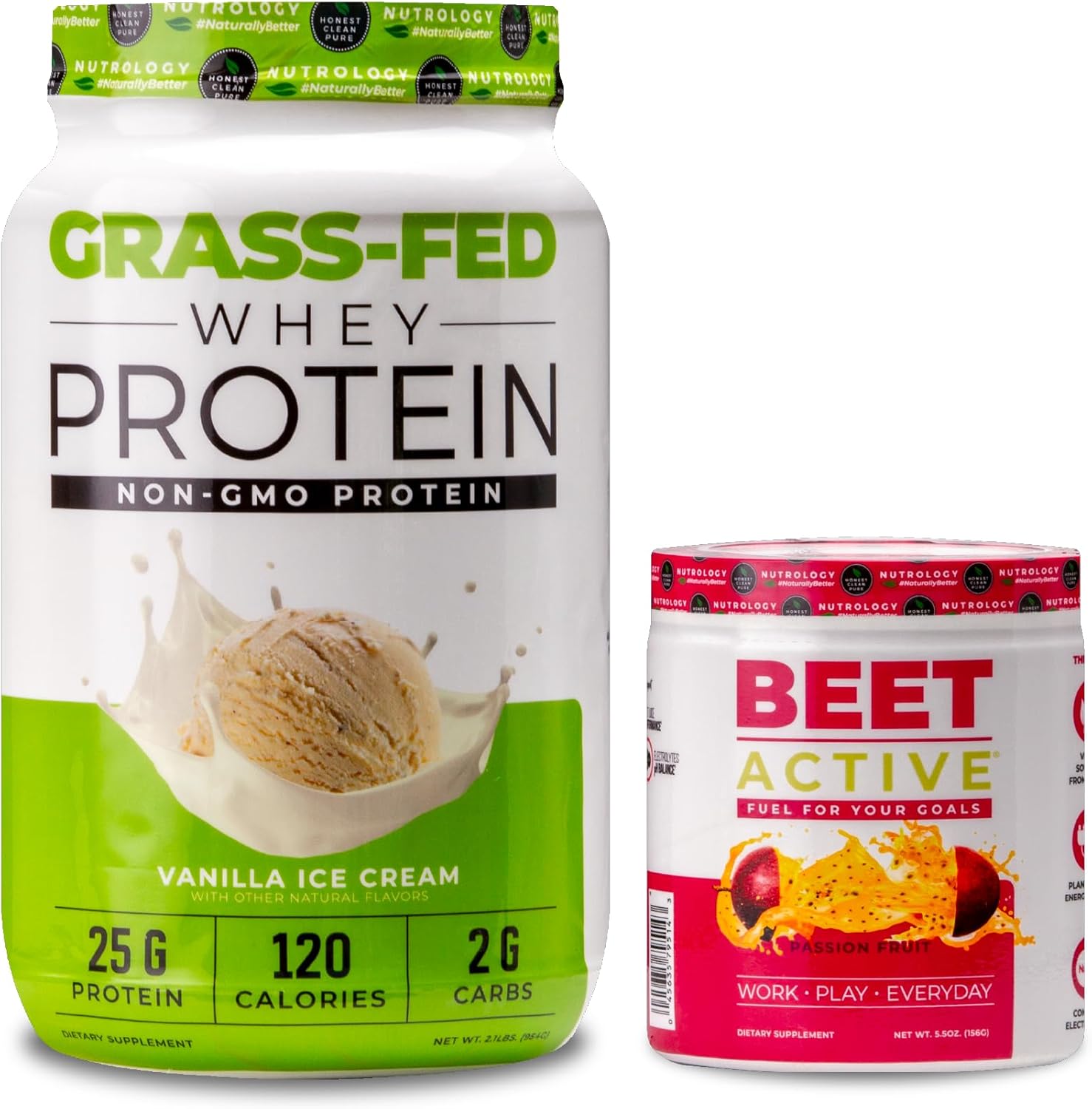 Nutrology Grass Fed Whey Protein Powder, Vanilla Ice Cream Flavor - Supports Lean Muscle Recovery & Performance. Beet Active Natural Pre-Workout Powder, Passion Fruit Flavor - 28 Servings.