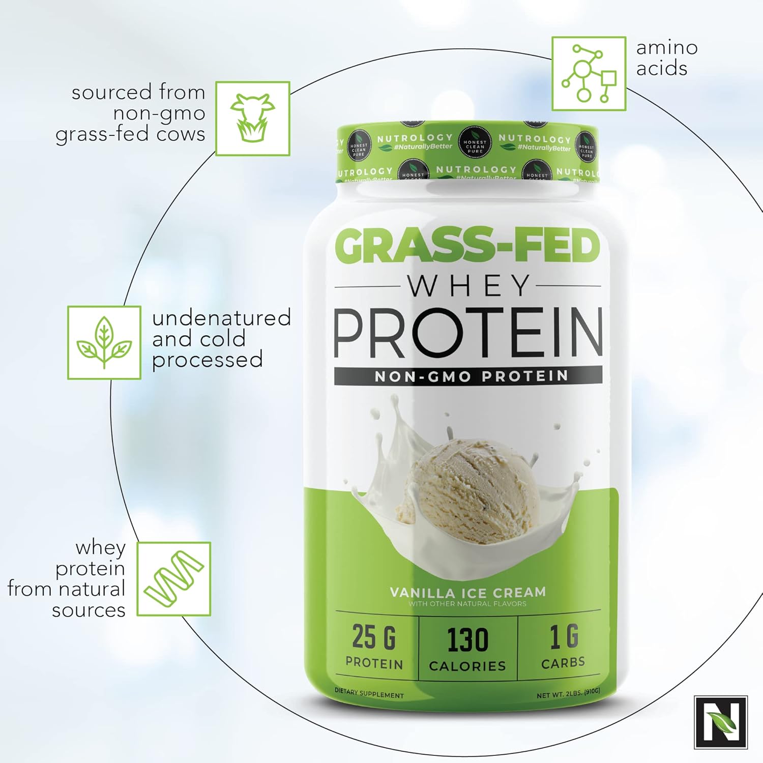 Nutrology Grass Fed Whey Protein Powder Vanilla & Lemonade - Supports Lean Muscle Recovery & Performance with BCAA Natural - 58 Servings