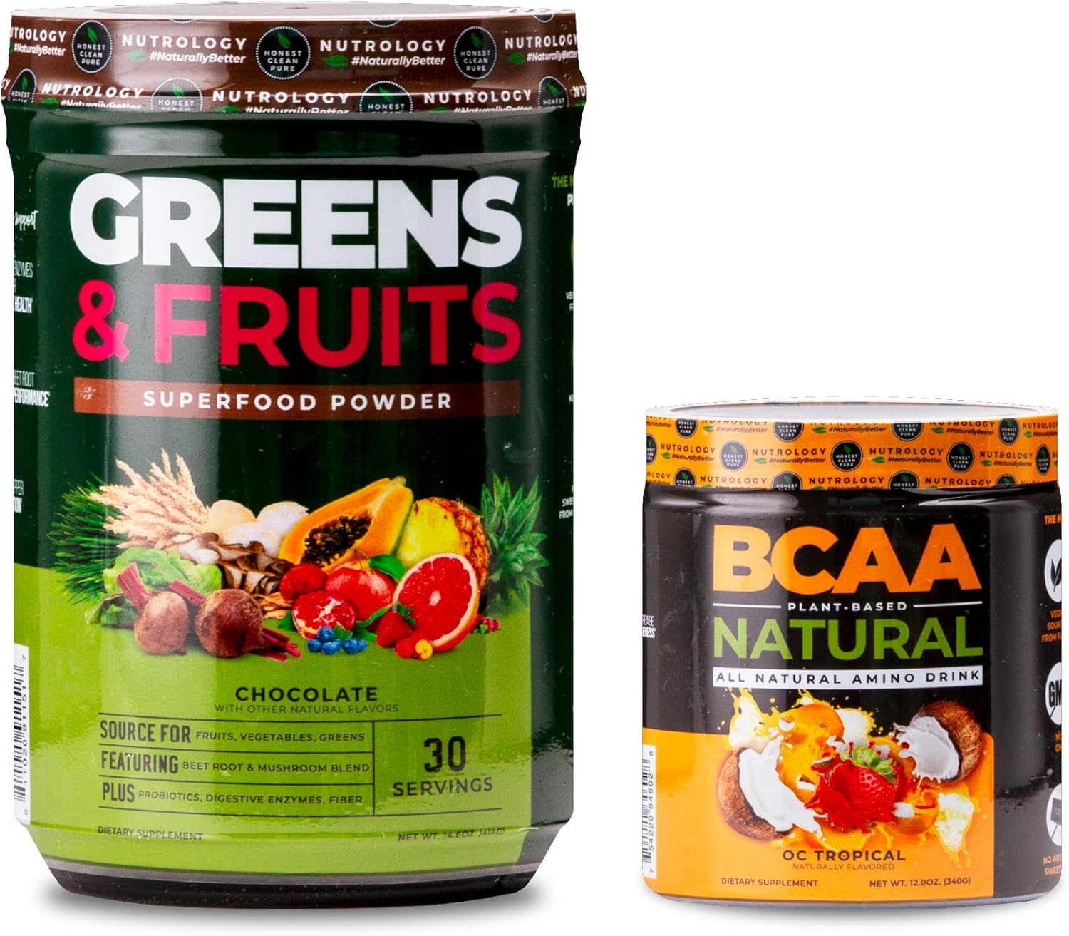 Nutrology Greens & Fruits Powder - Chocolate Superfood Blend (30 Servings) + BCAA Natural Plant Based Powder - Orange Coconut Flavor (30 Servings)
