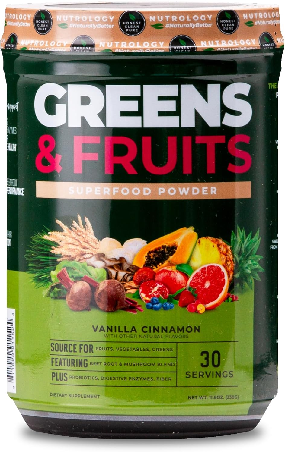 Nutrology Greens & Fruits Powder with Beet Powder, Mushroom Blend, Probiotics, Digestive Enzymes, Fiber, Antioxidants, Immune Support - Vanilla Cinnamon Flavor - BoostGo Australia