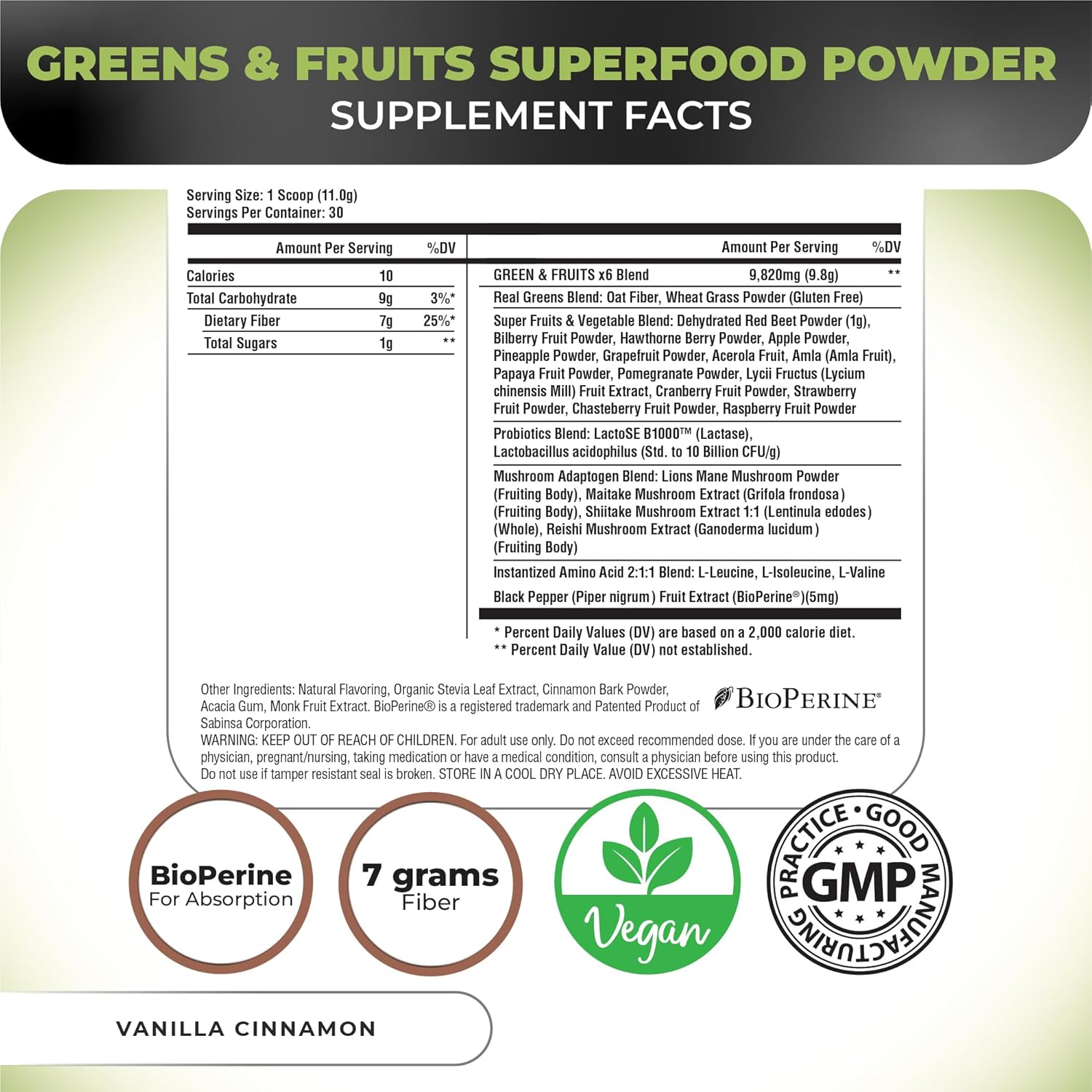 Nutrology Greens & Fruits Powder with Beet Powder, Mushroom Blend, Probiotics, Digestive Enzymes, Fiber, Antioxidants, Immune Support - Vanilla Cinnamon Flavor - BoostGo Australia
