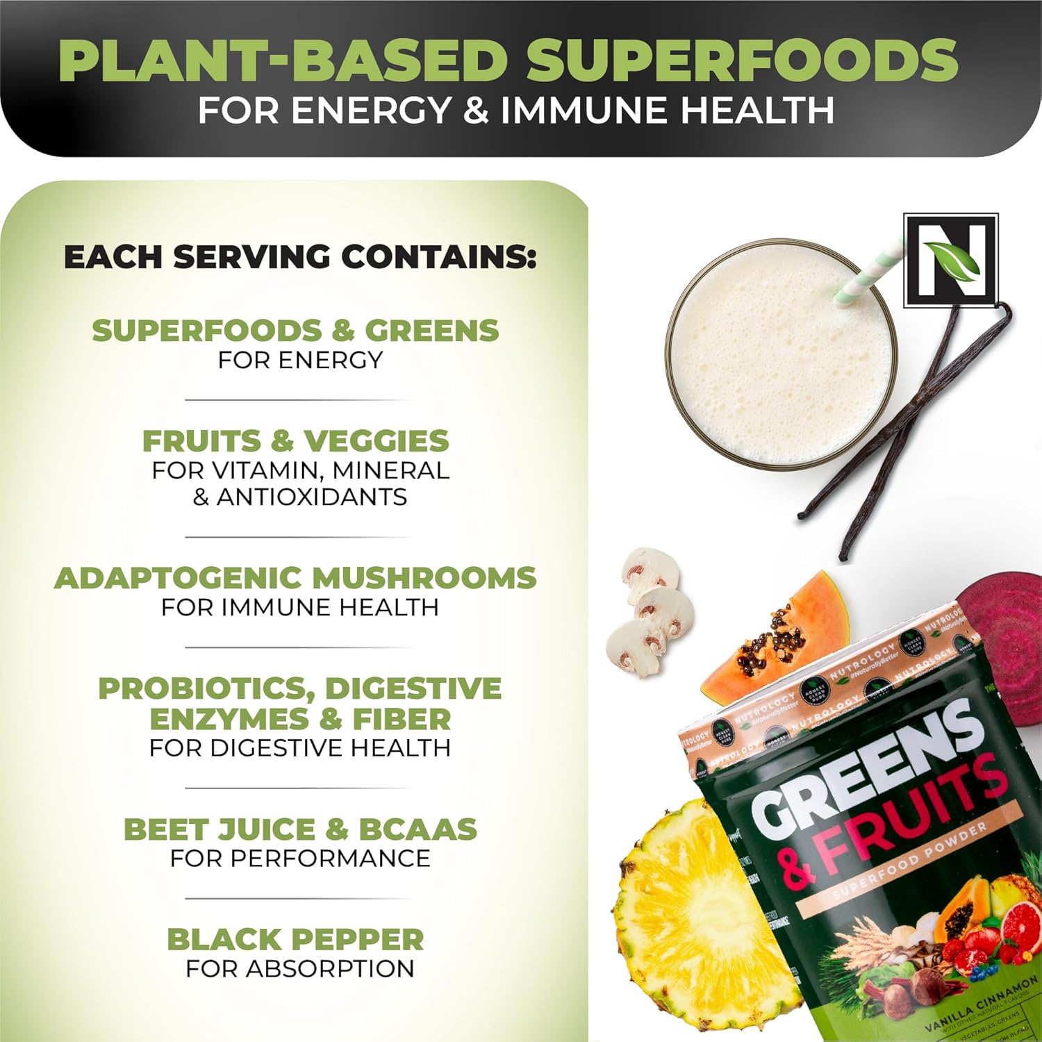 Nutrology Greens & Fruits Powder with Beet Powder, Mushroom Blend, Probiotics, Digestive Enzymes, Fiber, Antioxidants, Immune Support - Vanilla Cinnamon Flavor - BoostGo Australia