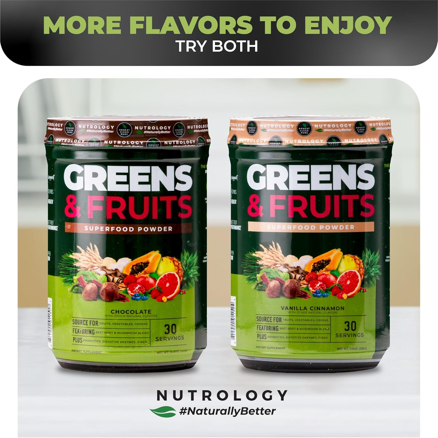 Nutrology Greens & Fruits Powder with Beet Powder, Mushroom Blend, Probiotics, Digestive Enzymes, Fiber, Antioxidants, Immune Support - Vanilla Cinnamon Flavor - BoostGo Australia