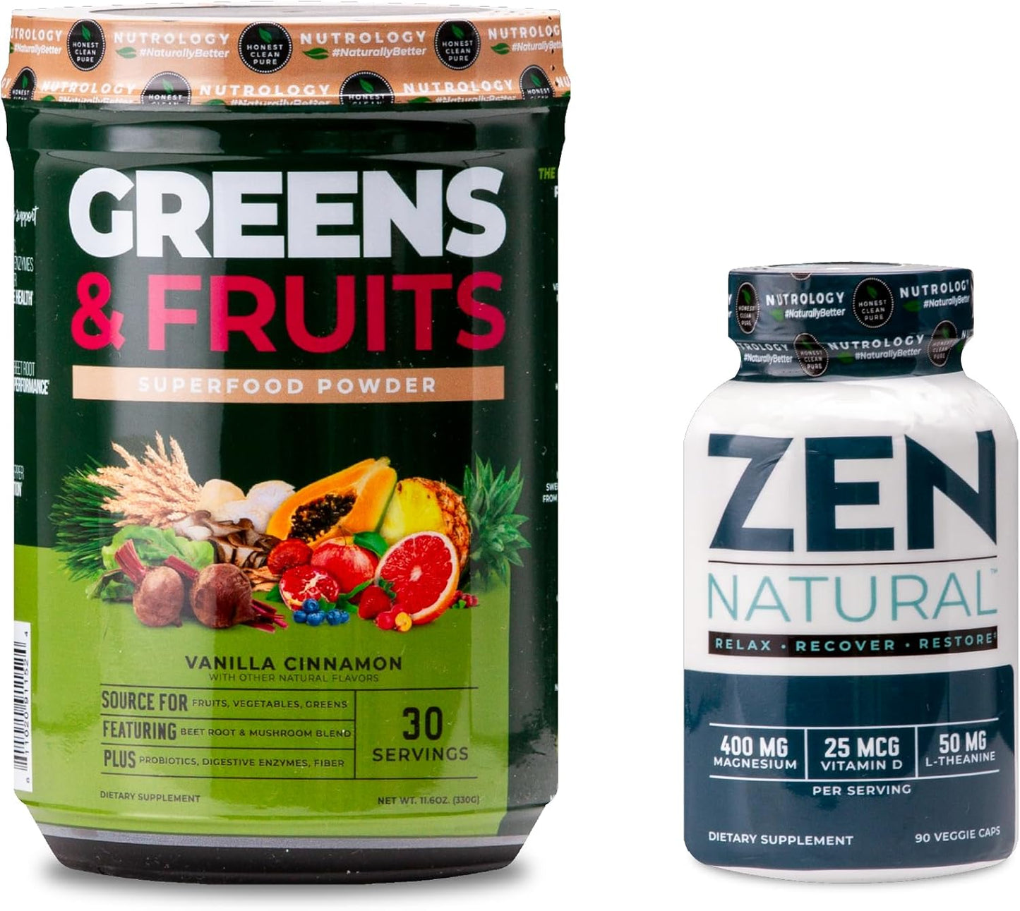 Nutrology Greens & Fruits Powder with Natural Superfoods, Vanilla Cinnamon Flavor - 30 Servings + Zen Natural Magnesium Supplement