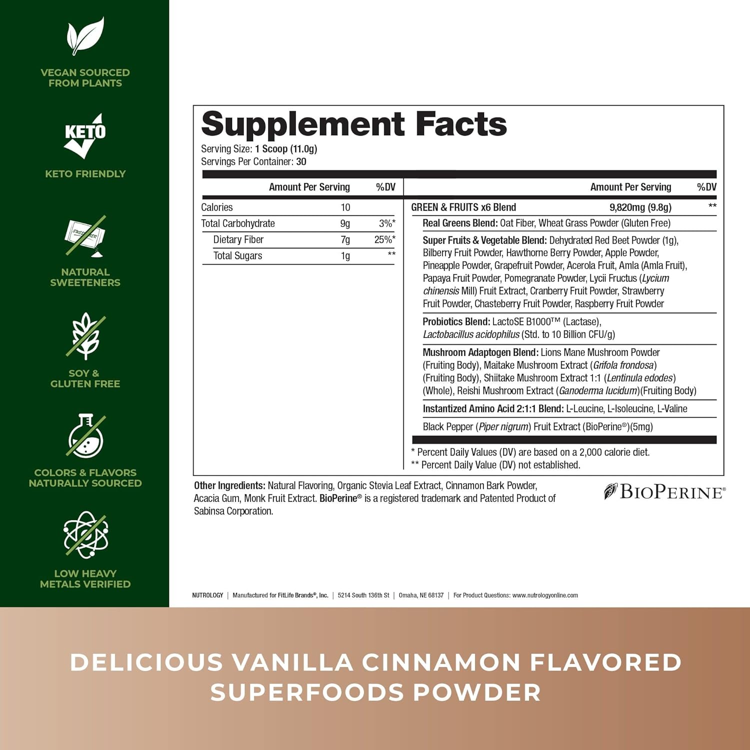 Nutrology Greens & Fruits Powder with Natural Superfoods, Vanilla Cinnamon Flavor - 30 Servings + Zen Natural Magnesium Supplement