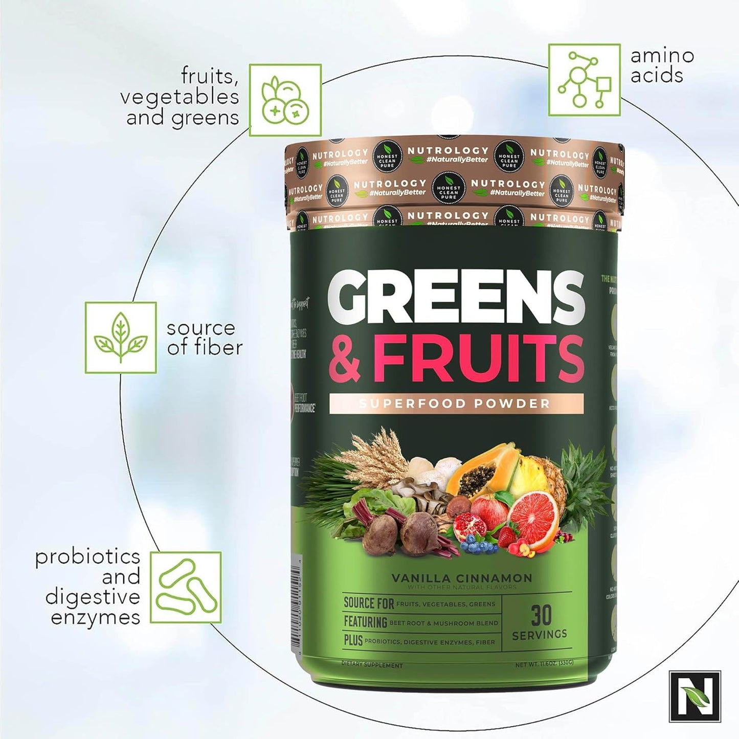 Nutrology Greens & Fruits Powder with Natural Superfoods, Vanilla Cinnamon Flavor - 30 Servings + Zen Natural Magnesium Supplement