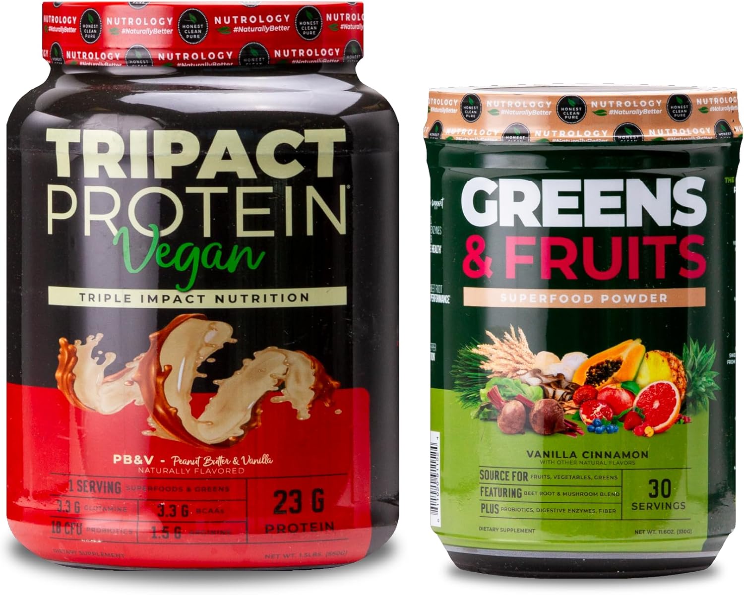 Nutrology Greens & Fruits Powder with TRIPACT Vegan Protein Powder Bundle - Natural Superfoods, Vanilla Cinnamon & Peanut Butter Vanilla (50 Servings)